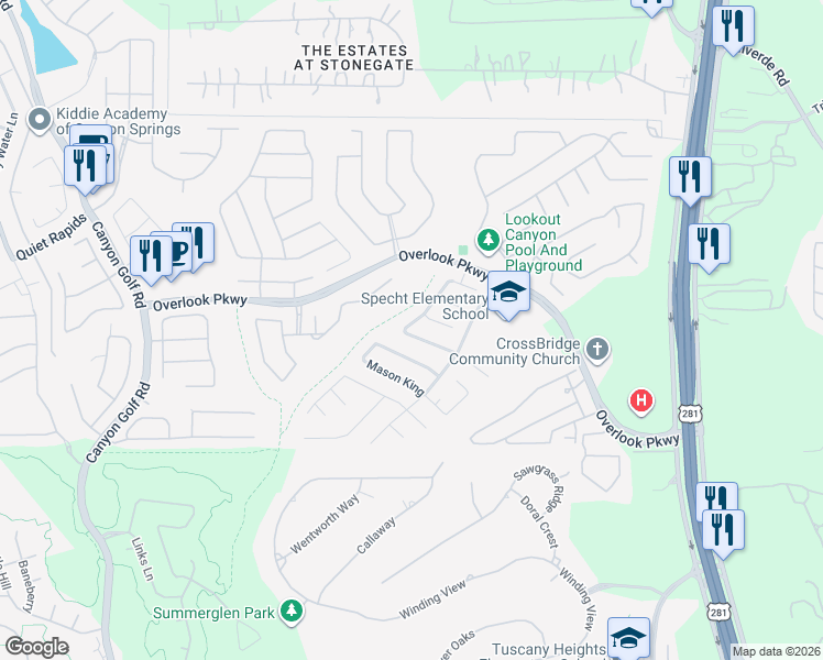 map of restaurants, bars, coffee shops, grocery stores, and more near 1715 Stargazer Pass in San Antonio