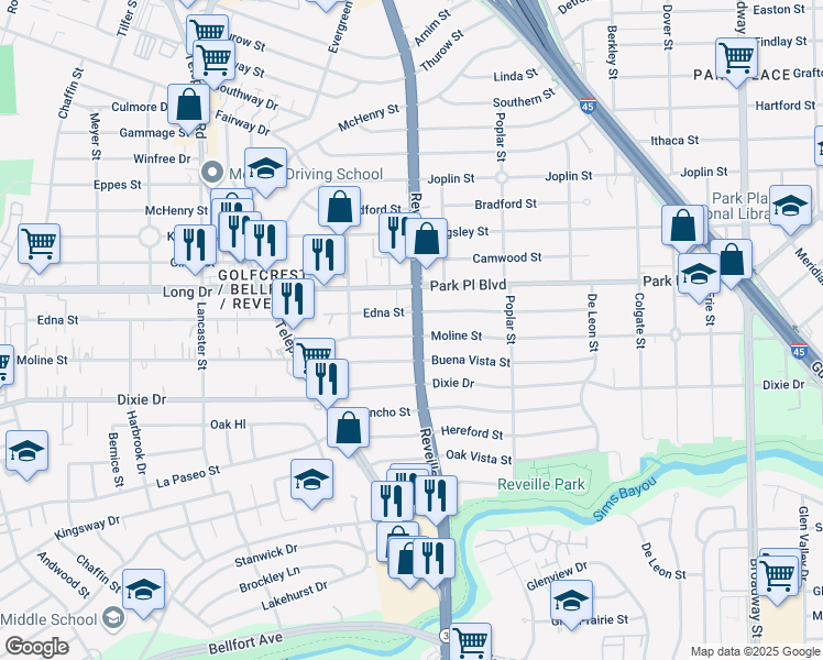 map of restaurants, bars, coffee shops, grocery stores, and more near 7546 Moline Street in Houston
