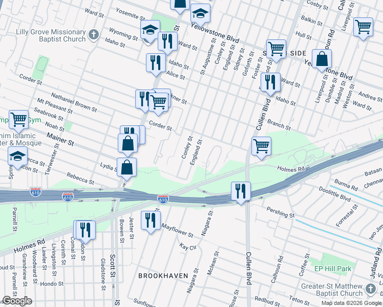 map of restaurants, bars, coffee shops, grocery stores, and more near 7309 Conley Street in Houston