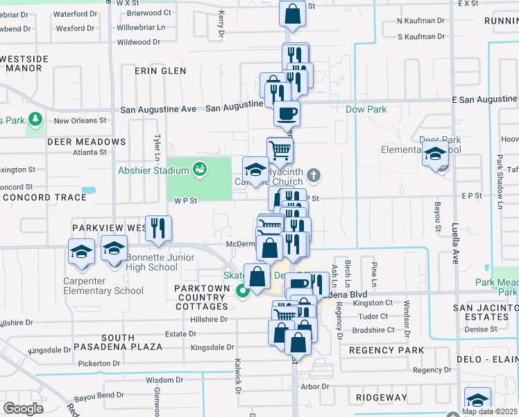 map of restaurants, bars, coffee shops, grocery stores, and more near 206 West P Street in Deer Park