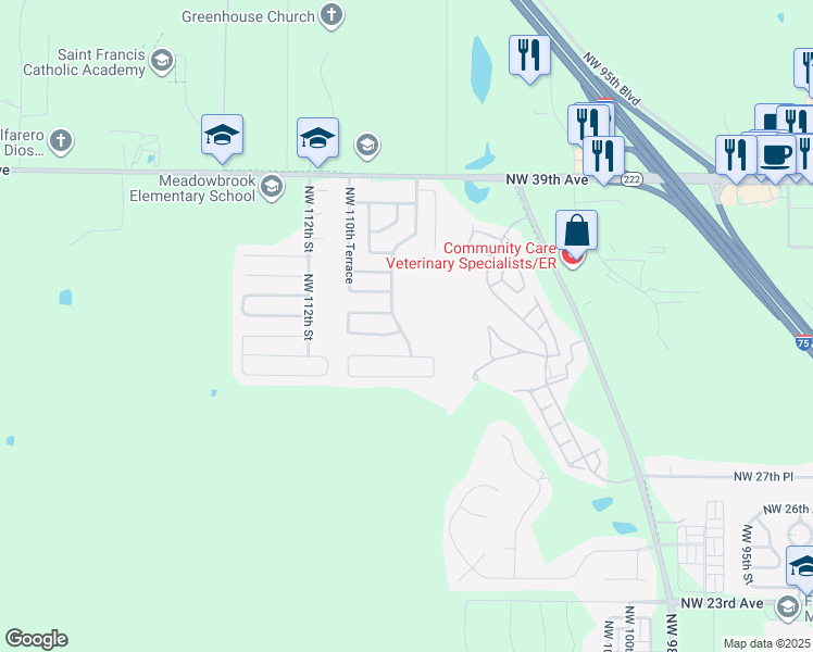 map of restaurants, bars, coffee shops, grocery stores, and more near 3315 Northwest 108th Boulevard in Gainesville
