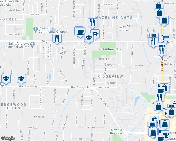 map of restaurants, bars, coffee shops, grocery stores, and more near 3331 Northwest 21st Drive in Gainesville