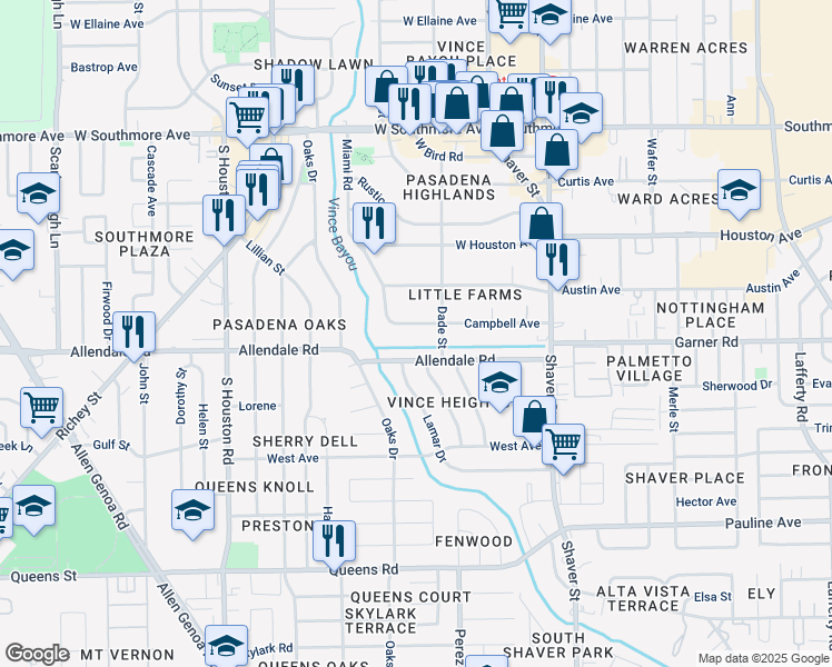 map of restaurants, bars, coffee shops, grocery stores, and more near 308 Allendale Road in Pasadena