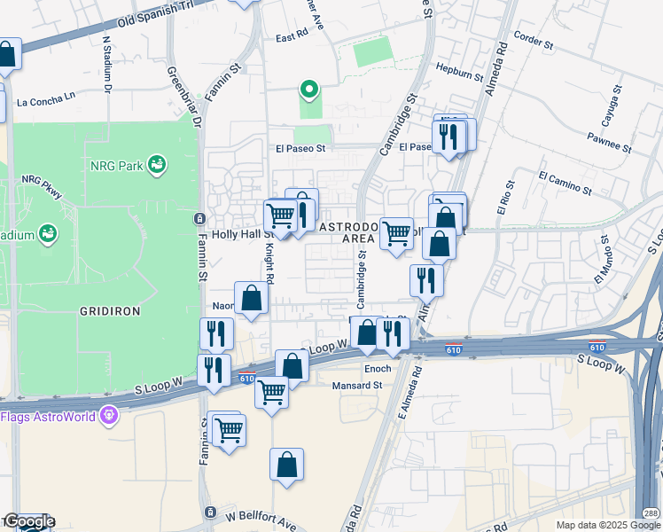 map of restaurants, bars, coffee shops, grocery stores, and more near 2250 Holly Hall Street in Houston