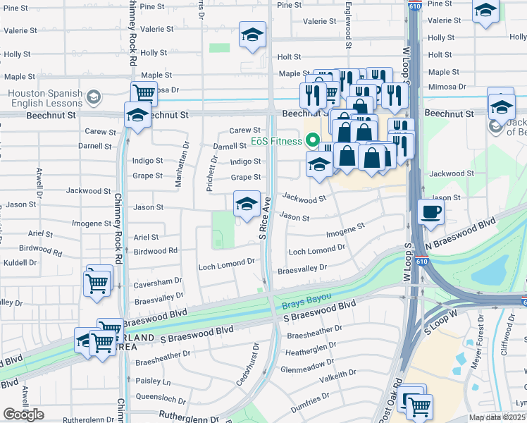 map of restaurants, bars, coffee shops, grocery stores, and more near 5029 Jason Street in Houston
