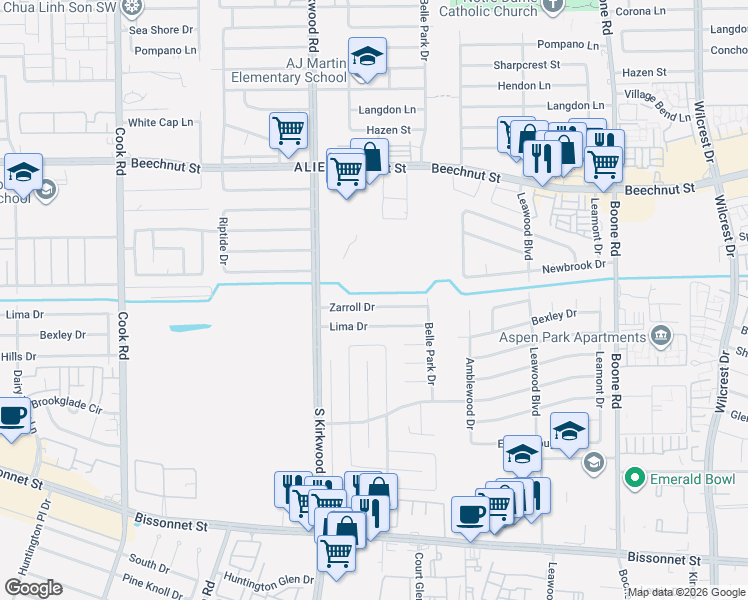 map of restaurants, bars, coffee shops, grocery stores, and more near 11707 Zarroll Drive in Houston