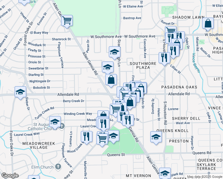 map of restaurants, bars, coffee shops, grocery stores, and more near 1901 Allen Genoa Road in Pasadena