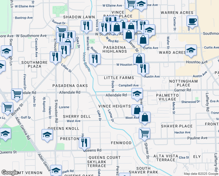 map of restaurants, bars, coffee shops, grocery stores, and more near 308 Allendale Road in Pasadena