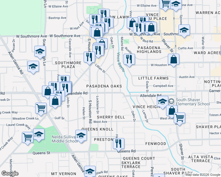 map of restaurants, bars, coffee shops, grocery stores, and more near 1908 Lillian Street in Pasadena