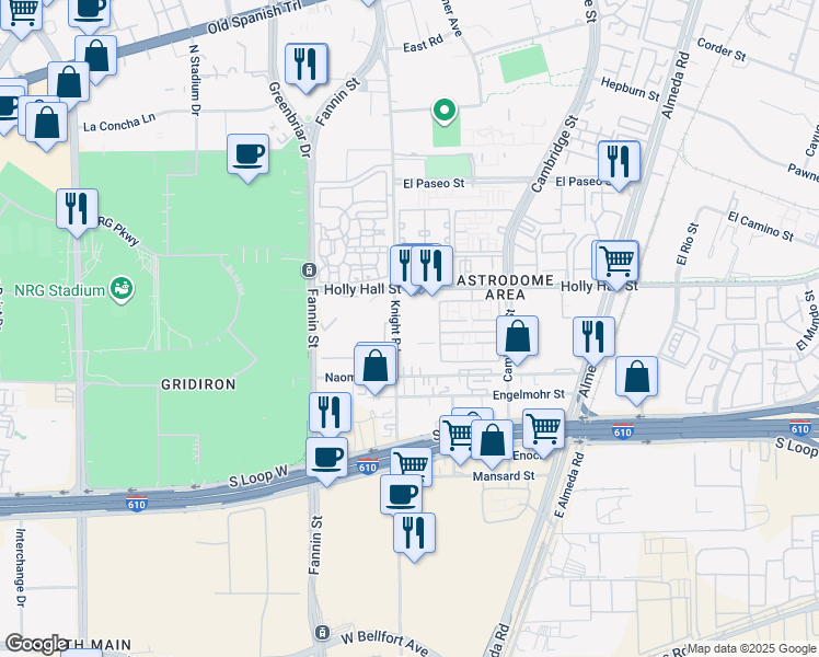 map of restaurants, bars, coffee shops, grocery stores, and more near 8315 Knight Road in Houston