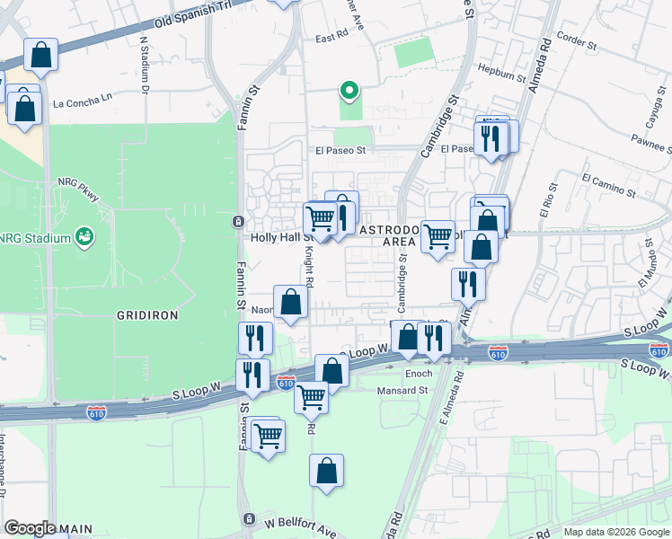 map of restaurants, bars, coffee shops, grocery stores, and more near 8317 Knight Road in Houston