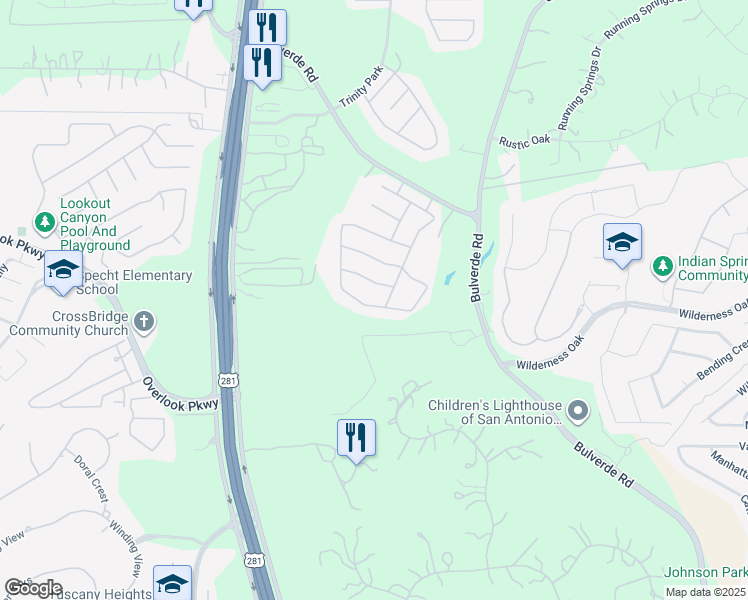 map of restaurants, bars, coffee shops, grocery stores, and more near 2611 Canon Perdido in San Antonio