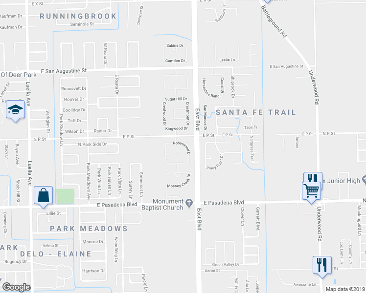 map of restaurants, bars, coffee shops, grocery stores, and more near 2257 Robinwood Drive in Deer Park