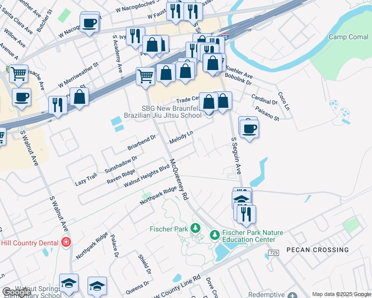 map of restaurants, bars, coffee shops, grocery stores, and more near 232 Dogwood Drive in New Braunfels