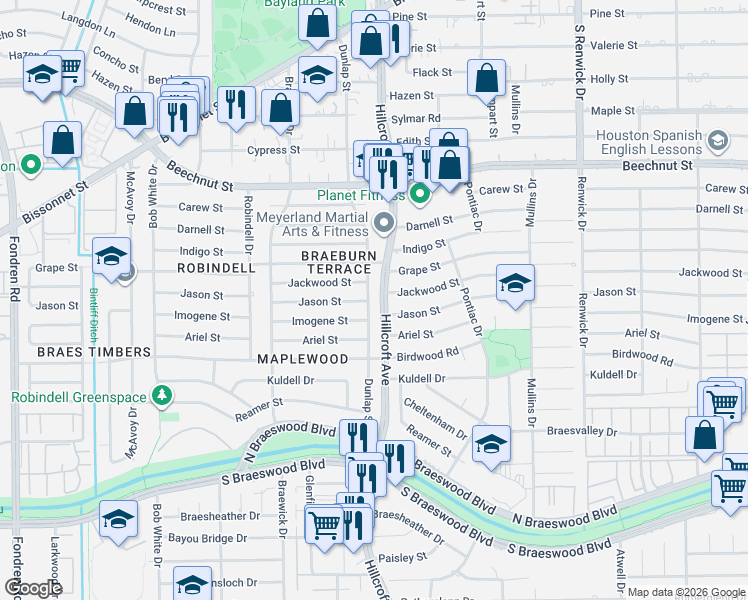 map of restaurants, bars, coffee shops, grocery stores, and more near 8805 Dunlap Street in Houston