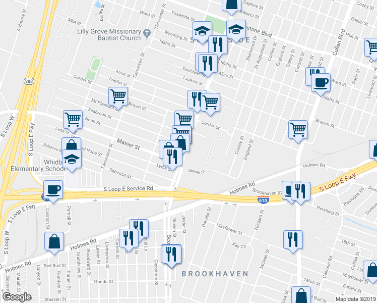 map of restaurants, bars, coffee shops, grocery stores, and more near 7265 Scott Street in Houston