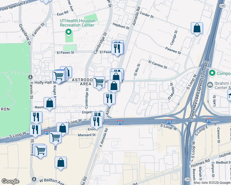 map of restaurants, bars, coffee shops, grocery stores, and more near 8272 El Rio Street in Houston