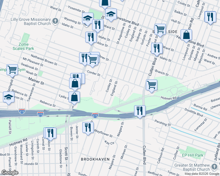 map of restaurants, bars, coffee shops, grocery stores, and more near 7309 Conley Street in Houston