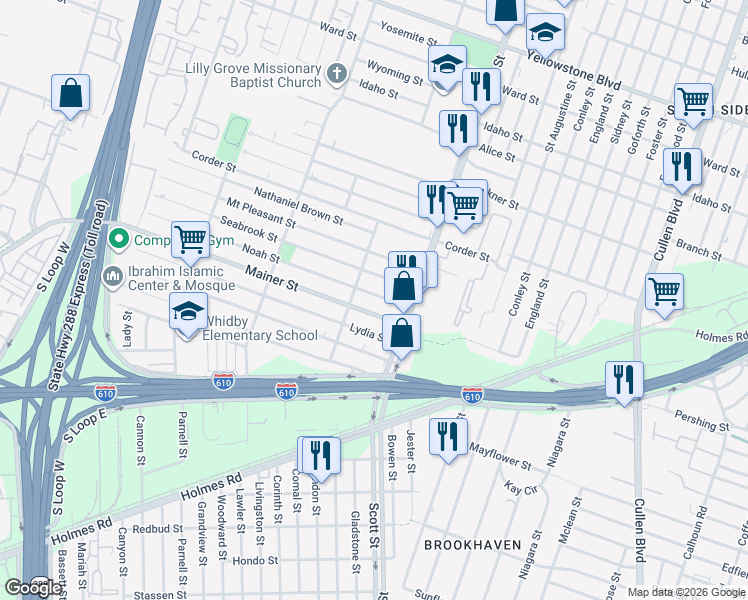 map of restaurants, bars, coffee shops, grocery stores, and more near 3825 Mainer Street in Houston