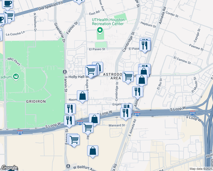 map of restaurants, bars, coffee shops, grocery stores, and more near 2250 Holly Hall Street in Houston