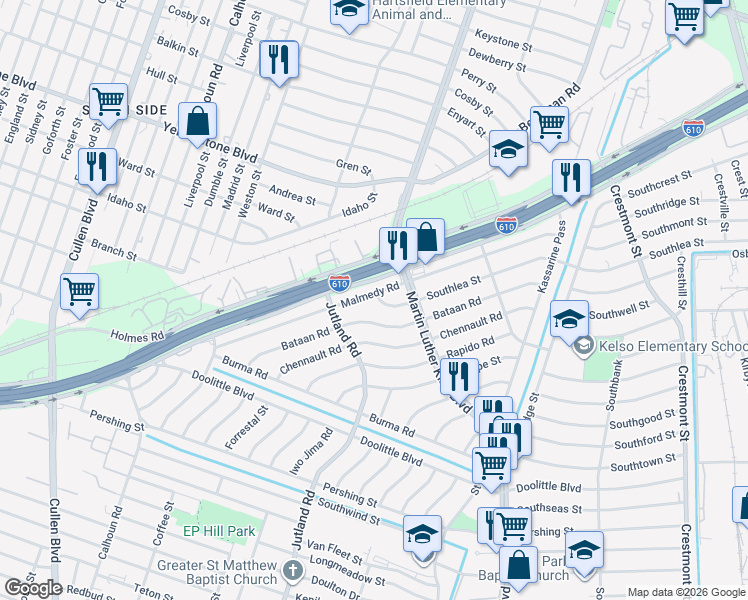 map of restaurants, bars, coffee shops, grocery stores, and more near 5201 Bataan Road in Houston