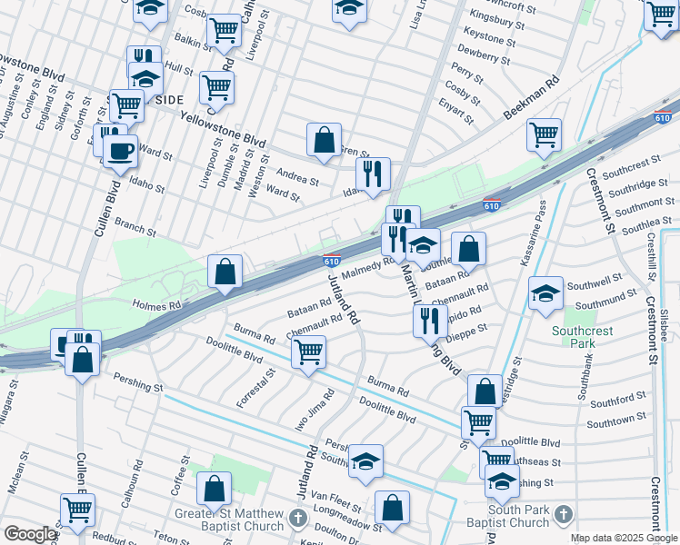 map of restaurants, bars, coffee shops, grocery stores, and more near 5113 Bataan Road in Houston