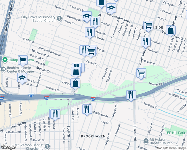 map of restaurants, bars, coffee shops, grocery stores, and more near 7315 Saint Augustine Street in Houston