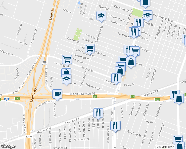 map of restaurants, bars, coffee shops, grocery stores, and more near 3706 Lydia Street in Houston