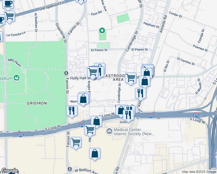map of restaurants, bars, coffee shops, grocery stores, and more near 2250 Holly Hall Street in Houston