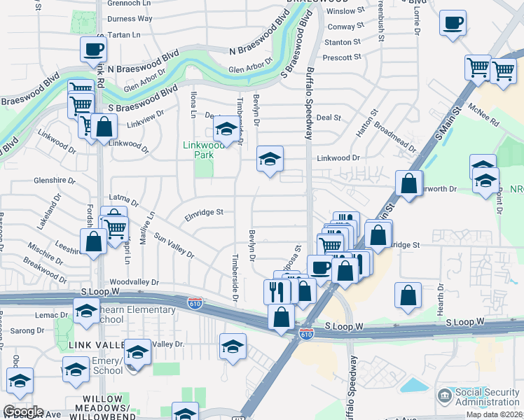 map of restaurants, bars, coffee shops, grocery stores, and more near in Houston