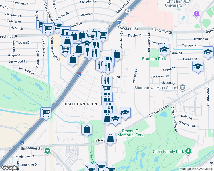 map of restaurants, bars, coffee shops, grocery stores, and more near 8562 Ariel Street in Houston