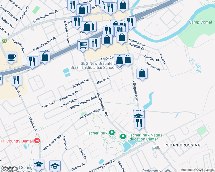 map of restaurants, bars, coffee shops, grocery stores, and more near 232 Dogwood Drive in New Braunfels