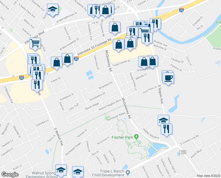 map of restaurants, bars, coffee shops, grocery stores, and more near 1881 Brockton Drive in New Braunfels