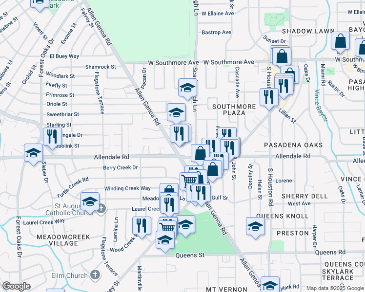 map of restaurants, bars, coffee shops, grocery stores, and more near 1901 Allen Genoa Road in Pasadena