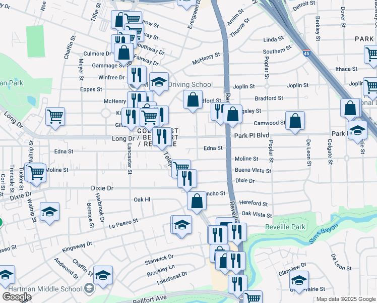 map of restaurants, bars, coffee shops, grocery stores, and more near 7433 Moline Street in Houston