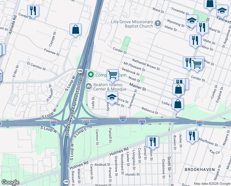 map of restaurants, bars, coffee shops, grocery stores, and more near 3635 Rebecca Street in Houston