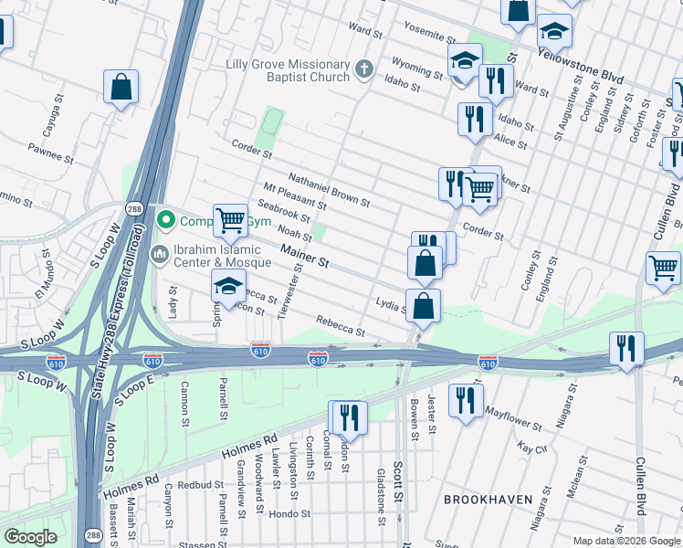 map of restaurants, bars, coffee shops, grocery stores, and more near 3706 Lydia Street in Houston