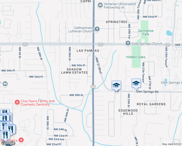 map of restaurants, bars, coffee shops, grocery stores, and more near 3404 Northwest 34th Street in Gainesville