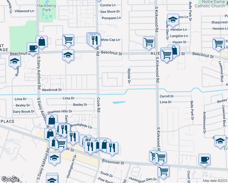map of restaurants, bars, coffee shops, grocery stores, and more near 8619 Cook Road in Houston