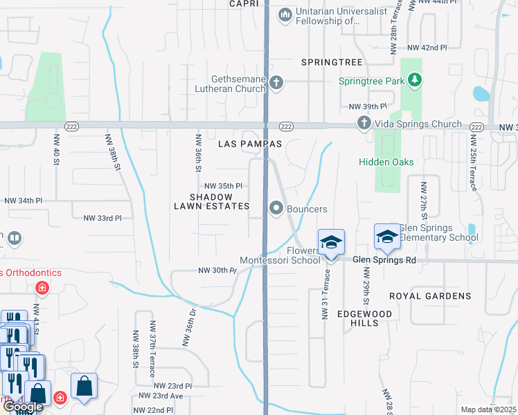 map of restaurants, bars, coffee shops, grocery stores, and more near 3404 Northwest 34th Street in Gainesville