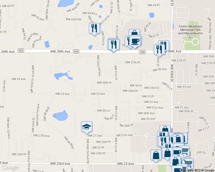 map of restaurants, bars, coffee shops, grocery stores, and more near 3401 Northwest 52nd Terrace in Gainesville