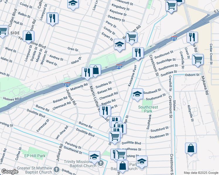 map of restaurants, bars, coffee shops, grocery stores, and more near 5330 Bataan Road in Houston