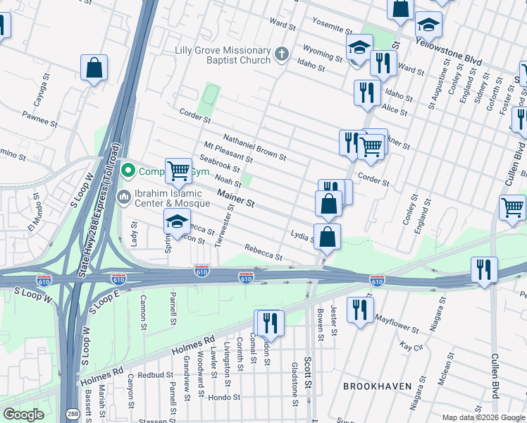map of restaurants, bars, coffee shops, grocery stores, and more near 3706 Lydia Street in Houston