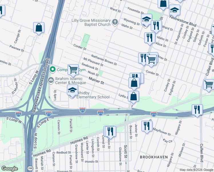 map of restaurants, bars, coffee shops, grocery stores, and more near 3706 Lydia Street in Houston