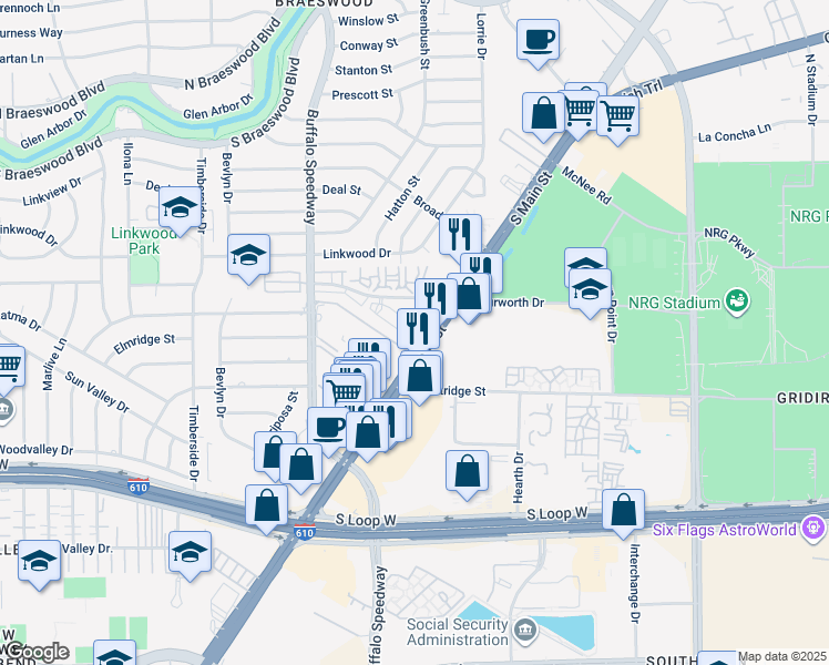 map of restaurants, bars, coffee shops, grocery stores, and more near in Houston