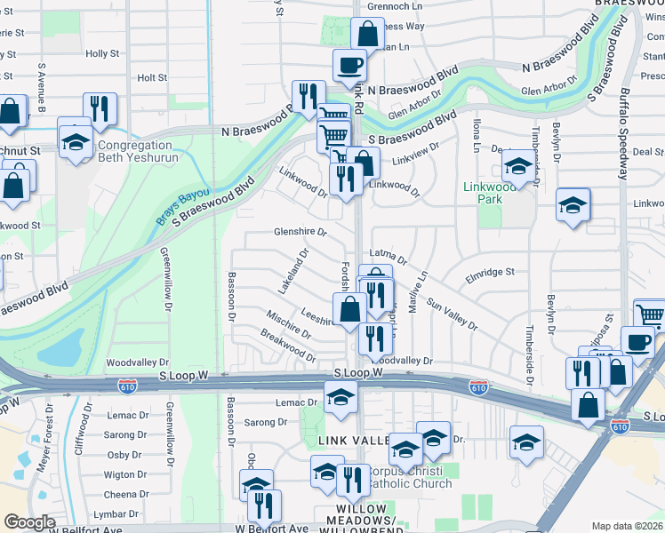 map of restaurants, bars, coffee shops, grocery stores, and more near 4023 Levonshire Drive in Houston