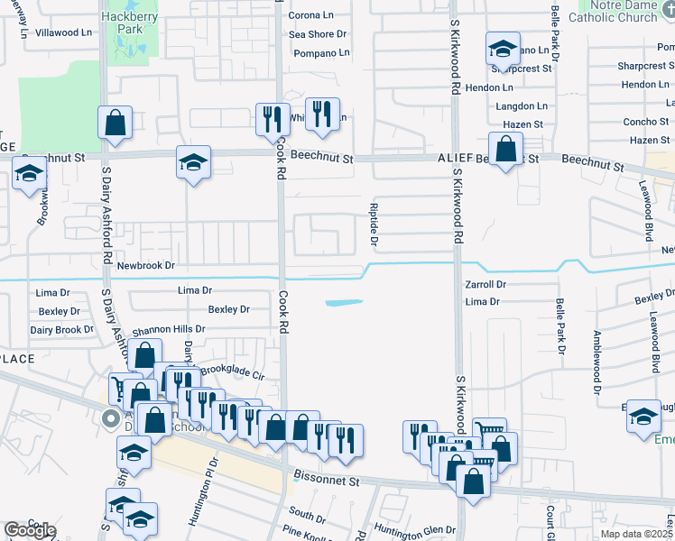 map of restaurants, bars, coffee shops, grocery stores, and more near 8619 Cook Road in Houston