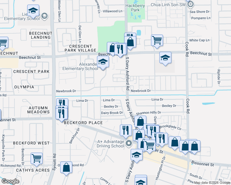 map of restaurants, bars, coffee shops, grocery stores, and more near 12710 Lima Drive in Houston
