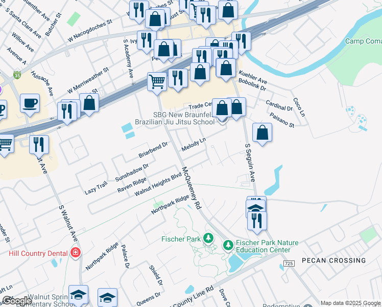 map of restaurants, bars, coffee shops, grocery stores, and more near 232 Dogwood Drive in New Braunfels