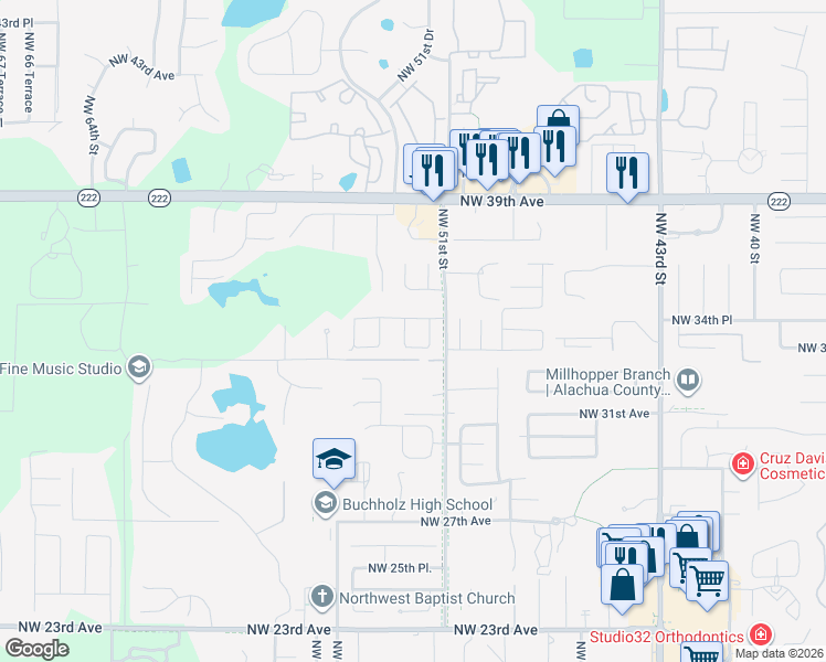 map of restaurants, bars, coffee shops, grocery stores, and more near 3401 Northwest 52nd Terrace in Gainesville
